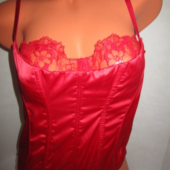$130 VICTORIA'S SECRET RED SATIN LACE UP CORSET THONG SET ~ XL - Picture 3 of 7